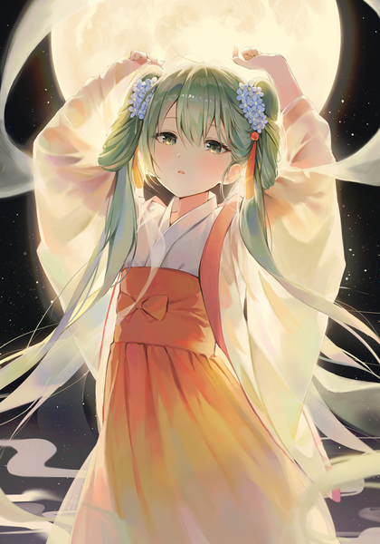 Anime picture 1000x1428 with vocaloid hatsune miku chuushuu meigetsu miku eso (toory) single long hair tall image fringe hair between eyes twintails green eyes traditional clothes green hair arms up chinese clothes girl moon full moon