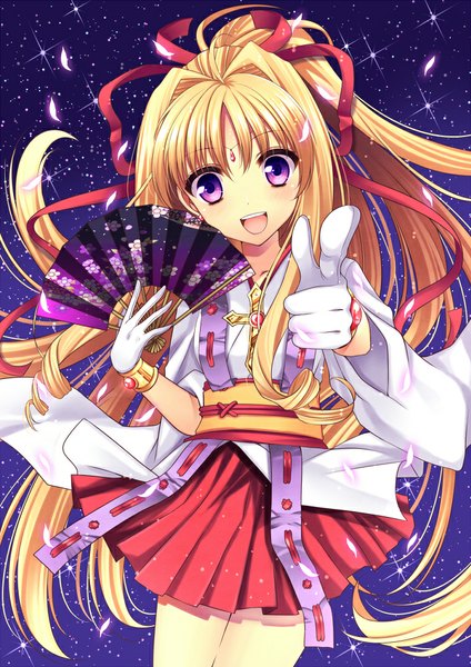 Anime picture 707x1000 with kamikaze kaitou jeanne toei animation kusakabe maron kaitou jeanne agekichi (heart shape) single long hair tall image looking at viewer blush open mouth blonde hair purple eyes girl gloves ribbon (ribbons) hair ribbon petals white gloves fan