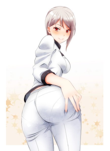 Anime picture 873x1200 with shokugeki no soma j.c. staff nakiri alice kiko (weavehabit) single tall image looking at viewer blush short hair light erotic smile red eyes white background ass white hair looking back chef girl uniform