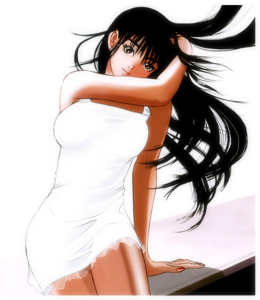 Anime picture 1378x1585 with original chibi-go (artist) single long hair tall image looking at viewer black hair bare shoulders brown eyes nail polish girl dress