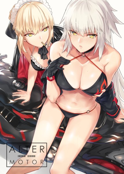 Anime picture 2220x3106 with fate (series) fate/grand order artoria pendragon (all) jeanne d'arc (fate) (all) jeanne d'arc alter (fate) jeanne d'arc alter (swimsuit berserker) (fate) artoria pendragon (alter swimsuit rider) (fate) ohland long hair tall image looking at viewer blush fringe highres breasts open mouth light erotic simple background blonde hair hair between eyes