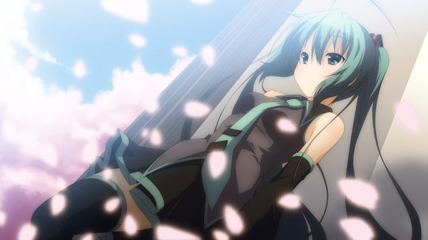 Anime picture 2222x1250 with vocaloid hatsune miku yuzuki kei single long hair highres wide image twintails green eyes green hair girl thighhighs skirt black thighhighs detached sleeves miniskirt petals necktie