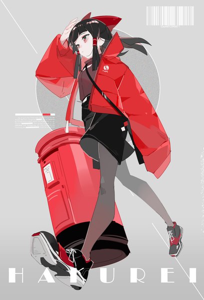 Anime picture 1284x1886 with touhou hakurei reimu aibivy single long hair tall image breasts black hair red eyes full body long sleeves wind black eyes grey background open jacket alternate costume character names expressionless walking multicolored eyes