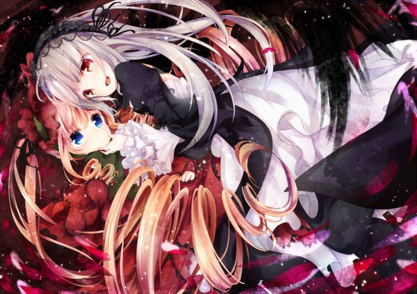 Anime picture 1227x867 with rozen maiden suigintou shinku kofa (ikyurima) long hair looking at viewer open mouth blue eyes blonde hair smile red eyes twintails multiple girls silver hair very long hair drill hair black wings lolita fashion goth-loli sitting on person