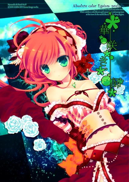 Anime picture 901x1264 with original konno kengo single long hair tall image looking at viewer breasts light erotic green eyes cleavage ahoge red hair lying hair flower striped checkered floor girl navel hair ornament flower (flowers)