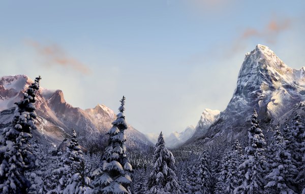 Anime picture 3600x2300 with original aspeckofdust (artist) highres absurdres sky cloud (clouds) realistic winter snow mountain no people landscape plant (plants) tree (trees) forest