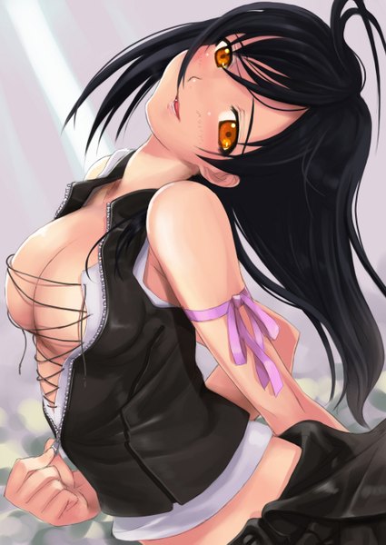 Anime picture 2000x2825 with final fantasy square enix tifa lockhart mikazuki akira single long hair tall image blush highres breasts open mouth light erotic black hair bare shoulders orange eyes girl