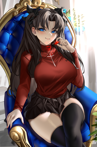 Anime picture 2964x4500 with fate (series) fate/grand order toosaka rin enmanuelart20 single long hair tall image looking at viewer blush fringe highres breasts blue eyes black hair smile large breasts sitting holding indoors long sleeves