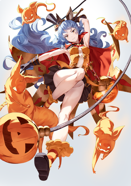 Anime picture 900x1271 with granblue fantasy ferri (granblue fantasy) kinta (distortion) single long hair tall image looking at viewer light erotic simple background brown eyes animal ears blue hair full body head tilt sleeveless outstretched arm halloween erune girl skirt