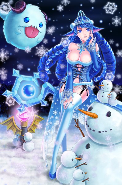 Anime picture 2376x3600 with league of legends lulu (league of legends) poro (league of legends) myurumyuru long hair tall image highres breasts blue eyes light erotic large breasts animal ears blue hair cleavage braid (braids) drill hair snowing snow :p girl