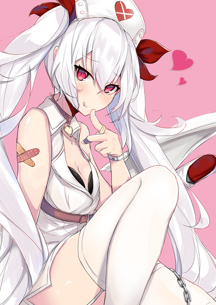 Anime picture 2459x3479 with azur lane vampire (azur lane) vampire (little devil in white) (azur lane) nanakaku single tall image looking at viewer blush fringe highres breasts light erotic simple background hair between eyes red eyes twintails bare shoulders cleavage white hair very long hair