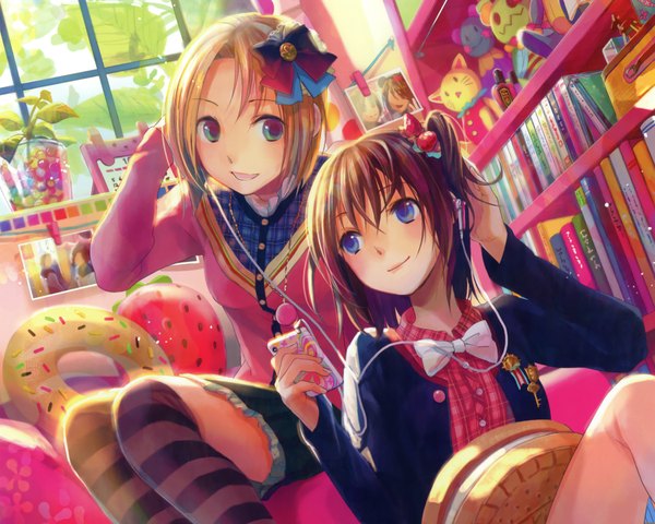 Anime picture 1800x1440 with original fuzichoco highres short hair blue eyes black hair blonde hair multiple girls green eyes cropped girl thighhighs bow 2 girls hair bow headphones book (books) striped thighhighs wire (wires) digital media player