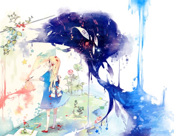 Anime picture 1451x1140 with original kyang692 mig (36th underground) blonde hair painting dreaming plant (plants) water fish (fishes)