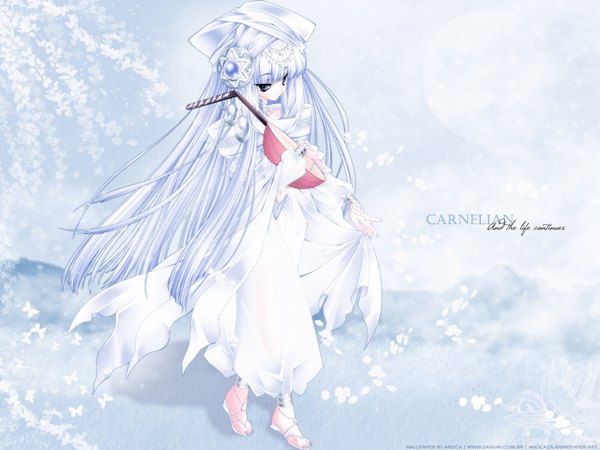 Anime picture 1600x1200 with moldavite mistrel (moldavite) carnelian anoca single long hair looking at viewer fringe holding signed full body white hair blunt bangs long sleeves nail polish traditional clothes sparkle grey eyes wallpaper text