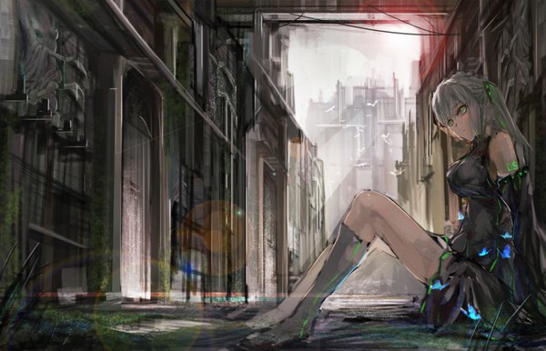 Anime picture 3996x2572 with vocaloid hatsune miku aenrs single long hair looking at viewer fringe highres twintails green eyes absurdres bent knee (knees) outdoors long sleeves grey hair sunlight tattoo no shoes city cityscape