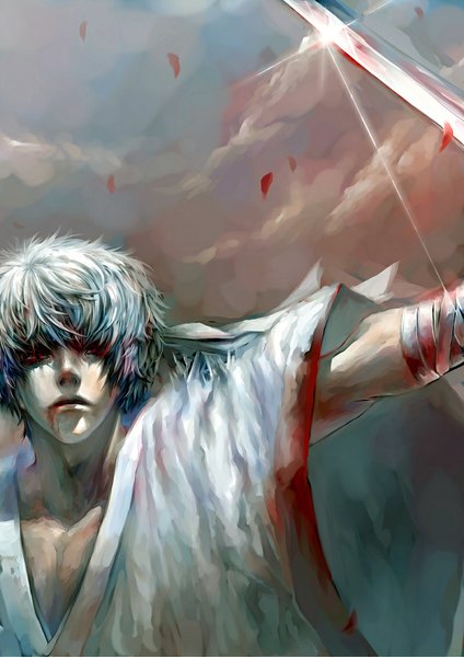 Anime picture 800x1131 with gintama sunrise (studio) sakata gintoki shiroyasha shimo single tall image short hair open mouth red eyes cloud (clouds) white hair traditional clothes wind boy weapon petals sword katana blood