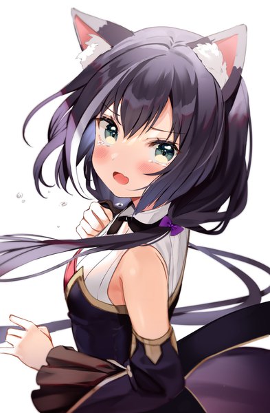Anime picture 1219x1857 with princess connect! re:dive princess connect! karyl (princess connect!) kanda done single long hair tall image looking at viewer blush open mouth black hair simple background white background twintails green eyes animal ears upper body multicolored hair cat ears two-tone hair