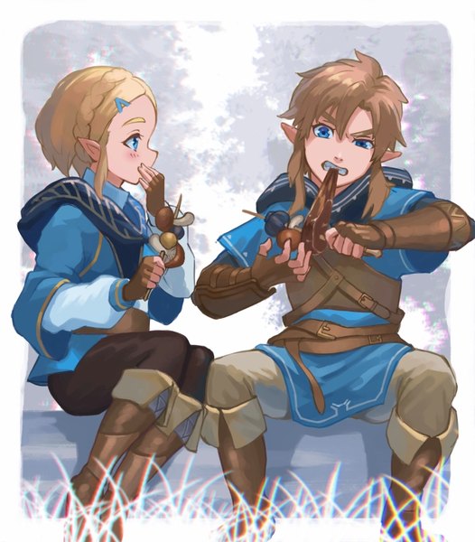 Anime picture 745x850 with the legend of zelda the legend of zelda: breath of the wild nintendo princess zelda link saburou (jako) long hair tall image blush short hair blue eyes blonde hair sitting braid (braids) profile pointy ears border eating outside border hand to mouth