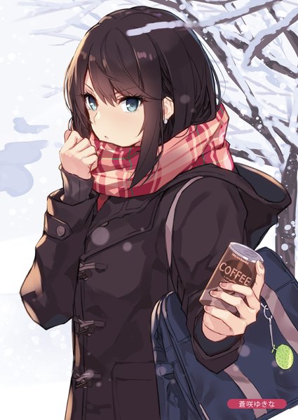 Anime picture 1433x2024 with melonbooks aosaki yukina single long hair tall image looking at viewer blush fringe blue eyes hair between eyes brown hair standing holding signed payot long sleeves scan embarrassed snow girl
