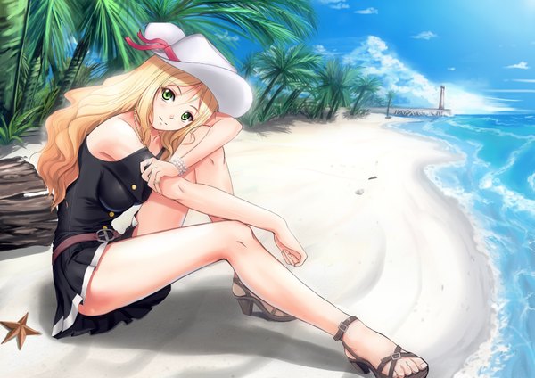 Anime picture 3507x2480 with original soyokaze single long hair looking at viewer blush highres blonde hair smile sitting bare shoulders green eyes absurdres sky cloud (clouds) barefoot sunlight beach girl skirt