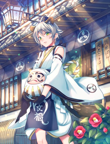 Anime picture 2100x2744 with original zoff (daria) single tall image looking at viewer blush fringe highres short hair hair between eyes standing holding green eyes animal ears silver hair outdoors tail traditional clothes japanese clothes animal tail