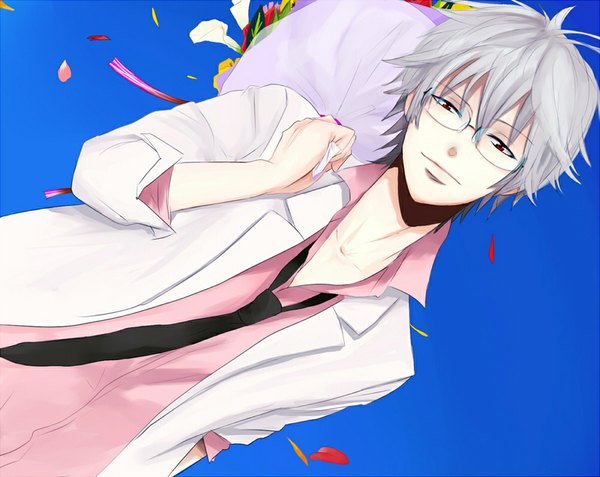 Anime picture 1024x815 with gintama sunrise (studio) sakata gintoki ririco short hair red eyes white hair open clothes open shirt boy petals glasses necktie bouquet