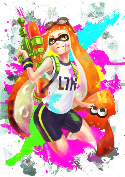 Anime picture 2477x3508 with splatoon nintendo inkling monori rogue single long hair tall image highres smile white hair orange hair orange eyes looking up goggles on head tentacle hair girl shorts mask t-shirt goggles