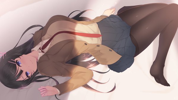 Anime picture 1920x1080 with seishun buta yarou cloverworks sakurajima mai cait single long hair looking at viewer blush fringe highres breasts blue eyes black hair smile wide image bent knee (knees) lying pleated skirt open clothes shadow