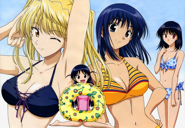 Anime picture 2800x1951 with school rumble sawachika eri tsukamoto tenma tsukamoto yakumo highres light erotic multiple girls food print cherry print girl swimsuit bikini black bikini 4 girls striped bikini polka dot bikini