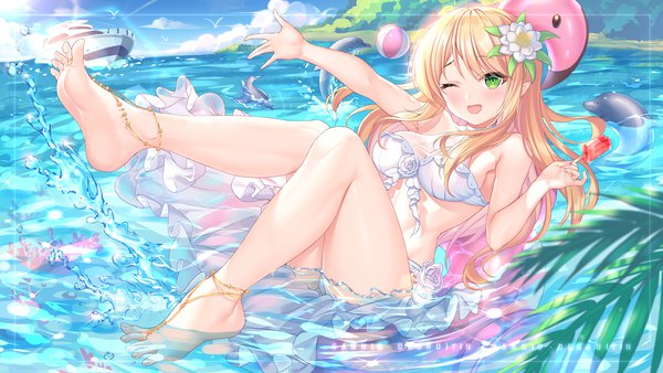 Anime picture 1500x844 with original sannio single long hair looking at viewer blush fringe breasts open mouth light erotic blonde hair smile wide image large breasts holding green eyes signed payot sky cloud (clouds)