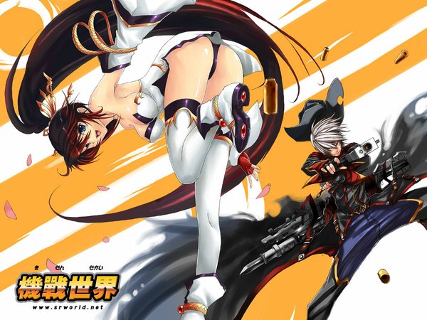 Anime picture 1024x768 with super robot wars nanbu kaguya harken browning long hair breasts light erotic brown hair cleavage ass ponytail red hair multicolored hair grey hair two-tone hair armpit (armpits) thighhighs gloves hair ornament hat detached sleeves