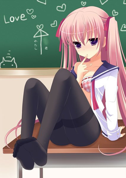 Anime picture 800x1129 with original agekichi (heart shape) single long hair tall image blush light erotic purple eyes pink hair open clothes open shirt legs finger to mouth classroom ai ai gasa girl uniform ribbon (ribbons) hair ribbon school uniform