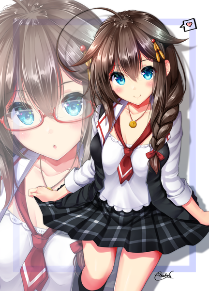Anime picture 926x1286 with kantai collection shigure destroyer mokufuu long hair tall image looking at viewer blush fringe open mouth blue eyes black hair smile standing signed payot cleavage ahoge braid (braids) pleated skirt :o