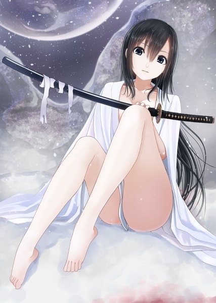 Anime picture 748x1050 with original kentaurosu single long hair tall image looking at viewer light erotic black hair barefoot black eyes bare legs legs girl weapon sword katana