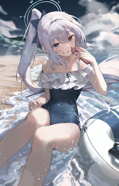 Anime picture 2026x3158 with blue archive miyako (blue archive) miyako (swimsuit) (blue archive) timo wei95 single long hair tall image looking at viewer highres open mouth sitting bare shoulders holding payot sky cloud (clouds) outdoors ponytail grey hair blurry
