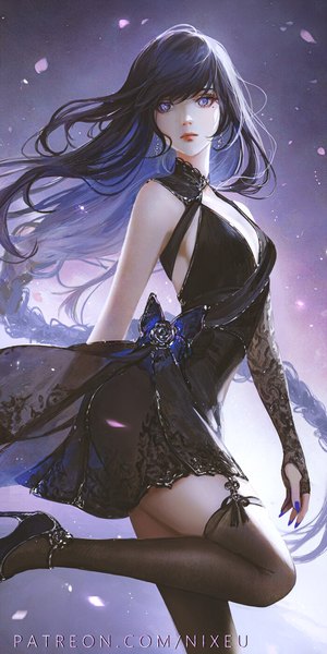 Anime picture 700x1400 with genshin impact raiden shogun nixeu single tall image looking at viewer fringe breasts black hair simple background standing purple eyes signed cleavage bent knee (knees) very long hair nail polish multicolored hair fingernails lips