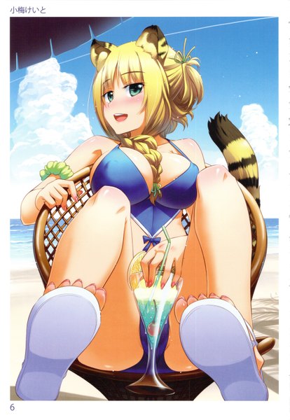 Anime picture 2071x3000 with original koume keito single long hair tall image looking at viewer highres breasts open mouth light erotic blonde hair large breasts bare shoulders green eyes animal ears braid (braids) nail polish animal tail barefoot erect nipples
