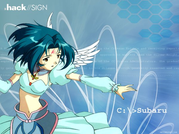 Anime picture 1280x960 with .hack// .hack//sign subaru (.hack//) blue hair tattoo girl detached sleeves wings