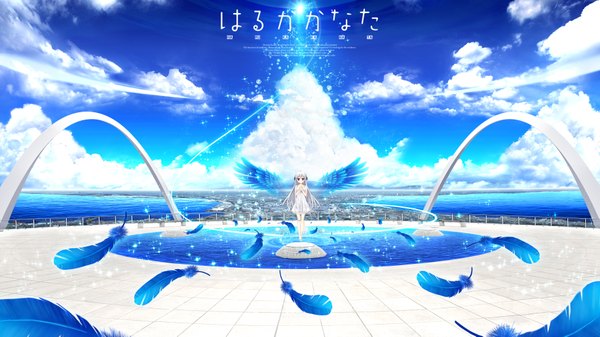 Anime picture 7328x4122 with haruka kanata akizuki tsukasa single long hair looking at viewer highres wide image brown eyes absurdres cloud (clouds) white hair angel wings girl dress wings sea feather (feathers) sundress