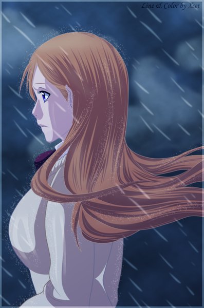Anime picture 1878x2836 with bleach studio pierrot inoue orihime xset single long hair tall image highres blue eyes brown hair sky cloud (clouds) profile coloring rain framed sad girl sweater