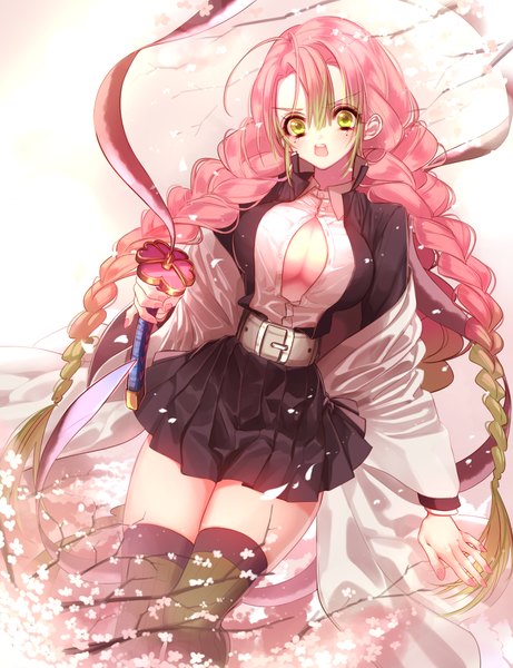 Anime picture 1000x1300 with kimetsu no yaiba ufotable kanroji mitsuri user rsxn2754 single long hair tall image looking at viewer blush fringe breasts open mouth light erotic hair between eyes large breasts standing holding yellow eyes payot pink hair