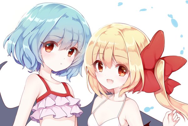 Anime picture 2048x1377 with touhou flandre scarlet remilia scarlet risui (suzu rks) long hair looking at viewer fringe highres short hair open mouth light erotic blonde hair smile red eyes white background multiple girls blue hair upper body fang (fangs) one side up