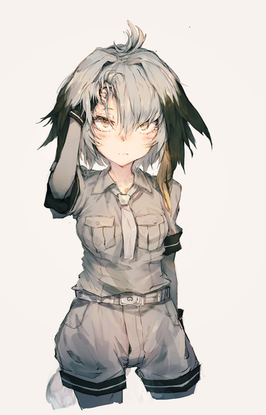 Anime picture 720x1120 with kemono friends shoebill (kemono friends) amoranorem single tall image blush fringe short hair simple background hair between eyes standing animal ears yellow eyes grey background adjusting hair looking up messy hair girl necktie shorts
