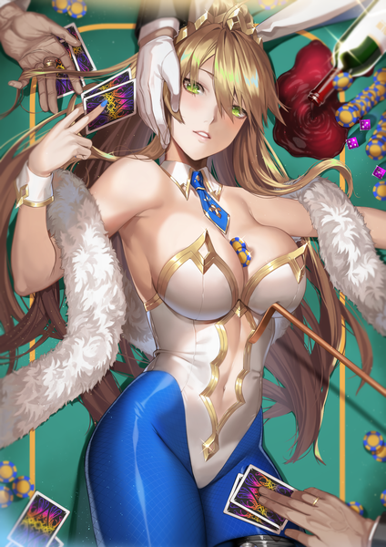 Anime picture 4961x7016 with fate (series) fate/grand order artoria pendragon (all) artoria pendragon (swimsuit ruler) (fate) deras long hair tall image looking at viewer blush fringe highres breasts light erotic blonde hair hair between eyes large breasts green eyes animal ears payot absurdres