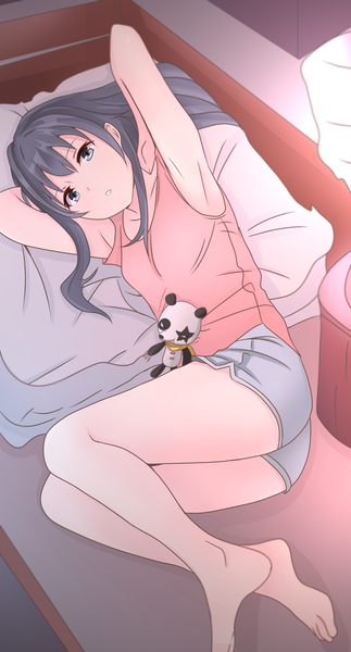 Anime picture 1455x2700 with yahari ore no seishun love comedy wa machigatteiru. brains base (studio) yukinoshita yukino mahdi single long hair tall image looking at viewer fringe black hair hair between eyes payot indoors lying parted lips barefoot from above blurry arms up armpit (armpits)