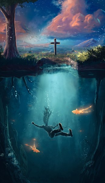 Anime picture 1300x2252 with original sylar113 long hair tall image sky cloud (clouds) outdoors light spread arms mountain underwater boy plant (plants) animal tree (trees) water grass cross bubble (bubbles) fish (fishes)