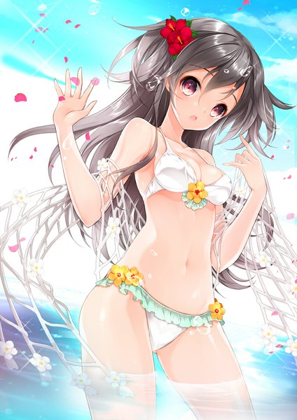 Anime picture 707x1000 with original moe2014 juna single long hair tall image looking at viewer breasts open mouth light erotic purple eyes hair flower grey hair girl navel hair ornament flower (flowers) swimsuit bikini petals