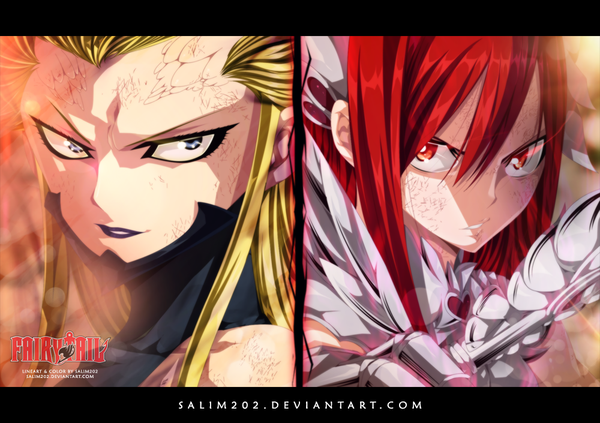 イラスト 1000x705 と フェアリーテイル erza scarlet kyouka (fairy tail) salim202 長髪 金髪 赤い目 赤髪 lips inscription grey eyes lipstick coloring glowing glowing eye (eyes) multiview manga aura 女の子 武器