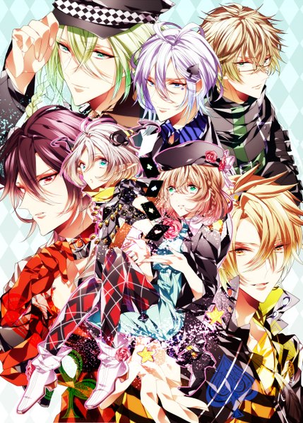 Anime picture 929x1300 with amnesia idea factory heroine (amnesia) shin (amnesia) toma (amnesia) ikki (amnesia) kent (amnesia) ukyo (amnesia) orion (amnesia) kazenagi hikari tall image looking at viewer fringe short hair blue eyes blonde hair smile red eyes brown hair green eyes