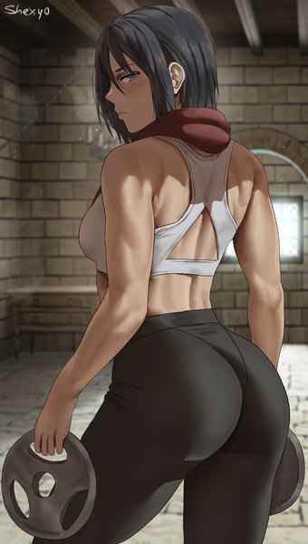 Anime picture 1702x3000 with shingeki no kyojin production i.g mikasa ackerman shexyo single tall image looking at viewer blush fringe highres short hair breasts light erotic black hair hair between eyes standing bare shoulders holding signed ass